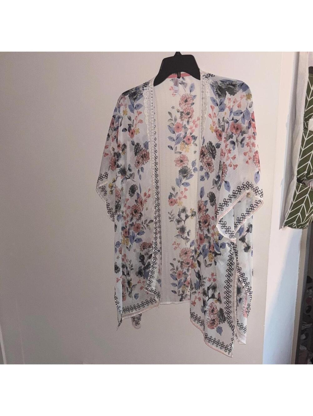 xhiliration White Floral Kimono Jacket with Pastel Accents